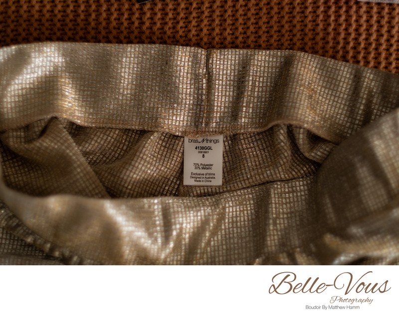 Bras N Things Gold shorts — size & fabric label close-up