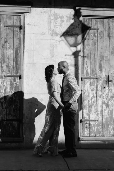 French Quarter black and white engagement photo