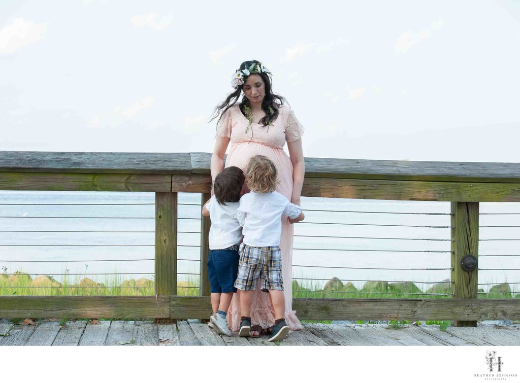 Maternity Portrait Sons Hug Mother - Riverfront Park - North Charleston, South Carolina - Heather Johnson Photography 