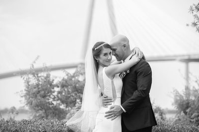 Charleston, SC Bride and Groom Portrait at the Ravenel Bridge - Heather Johnson Photography 