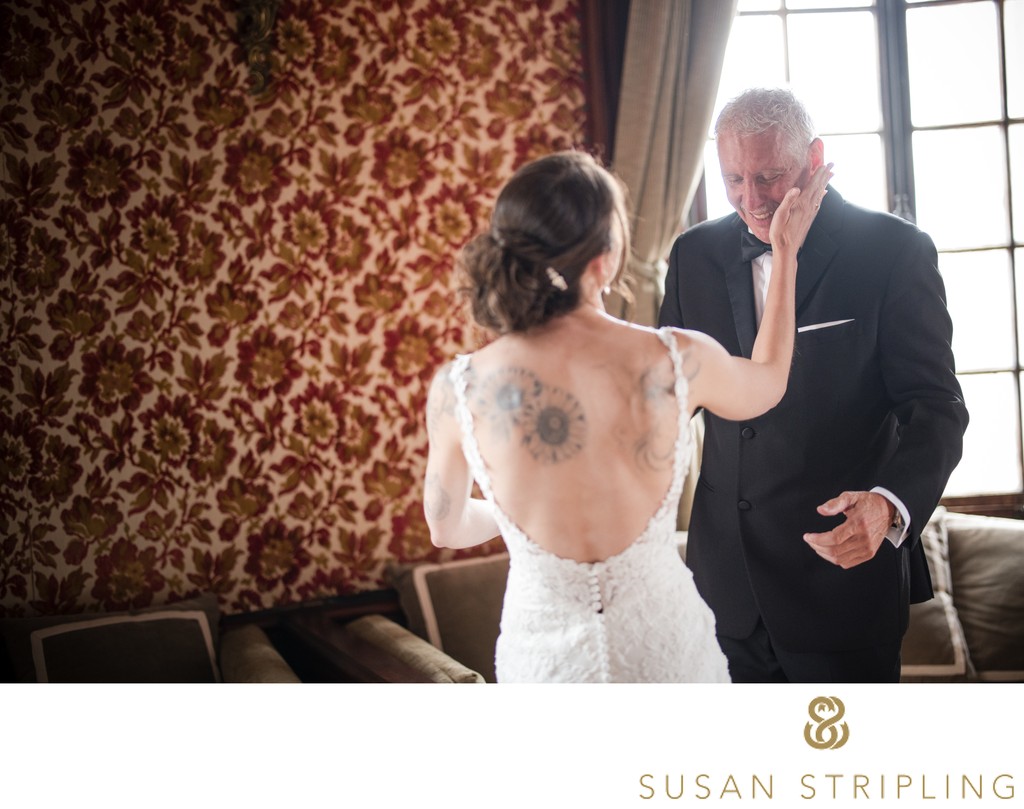 first look with dad Bourne Mansion wedding 