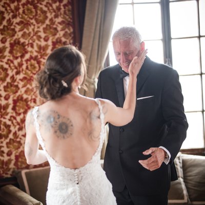 first look with dad Bourne Mansion wedding 