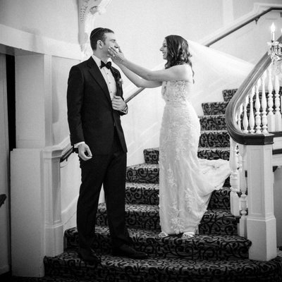 Tappan Hill Mansion Wedding First Look on stairs photo