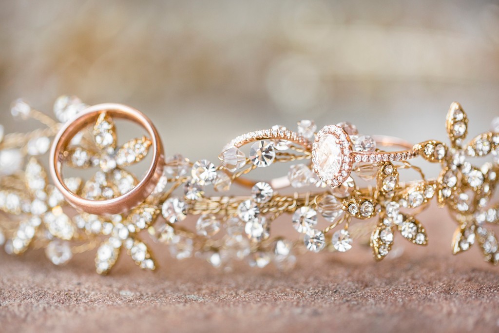 Rose Gold Wedding Rings on Tiara
