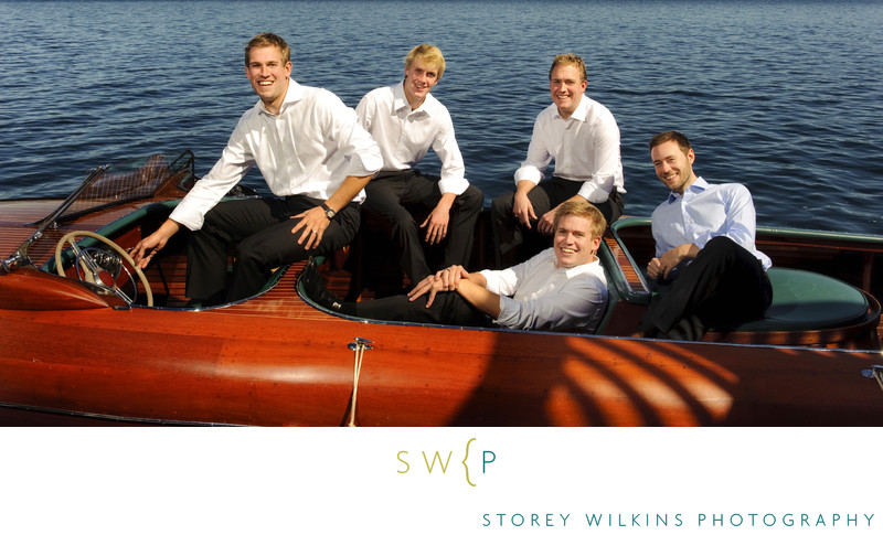 Muskoka Lakes Wedding: Classic Wooden Boat & Groomsmen