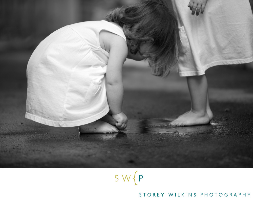 Sisters in Puddles: Black & White Editorial Magic