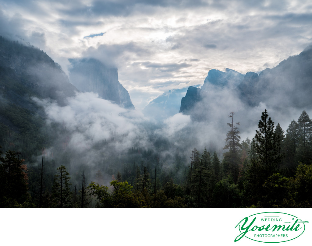 Spring Rain Clouds Clearing Morning of Yosemite Wedding