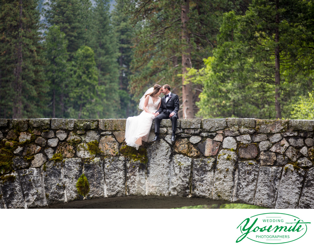 Yosemite Wedding: Romantic Bride and Groom on Bridge