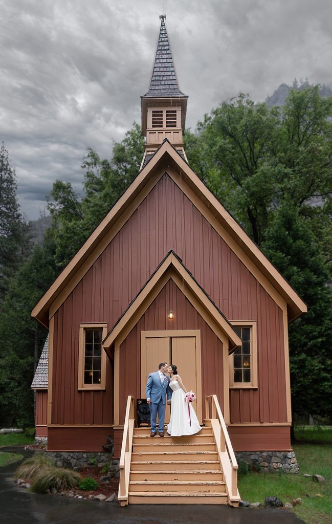 Yosemite Chapel Wedding Kiss: Bride & Groom Embrace