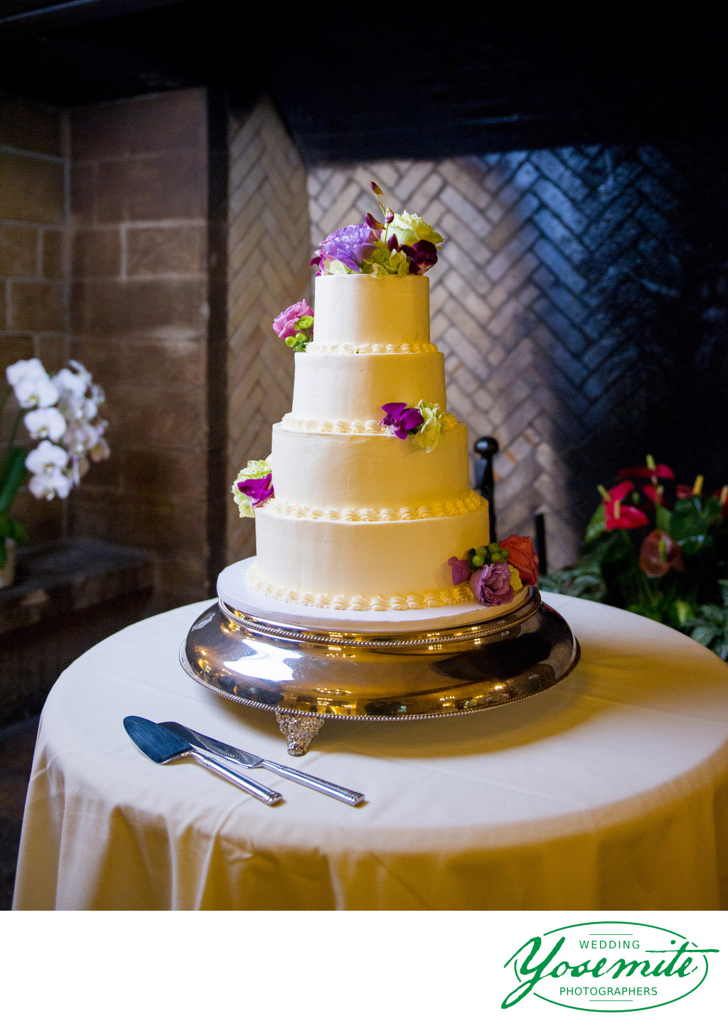 Wedding Cake With Purple Flowers Yosemite Wedding