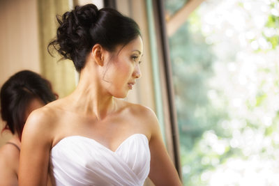 A gorgeous bride during wedding prep Ahwahnee Hotel