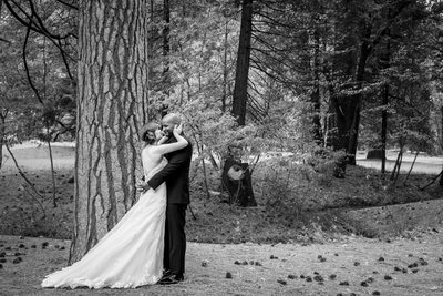 Bride Embraces Groom After First Look At Majestic Yosemite Hotel