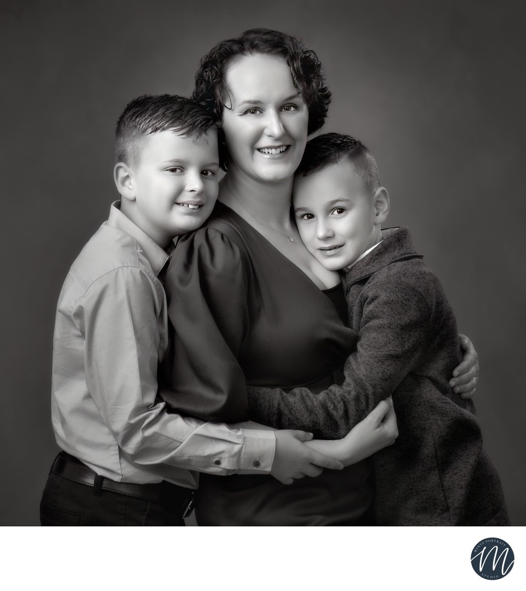 Mother and two sons Portrait in BW