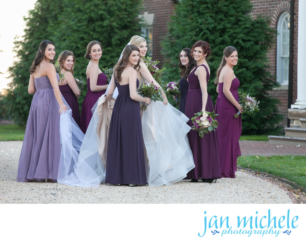 Bridesmaids wear violet, plum, purple dresses - Belmont Country Club