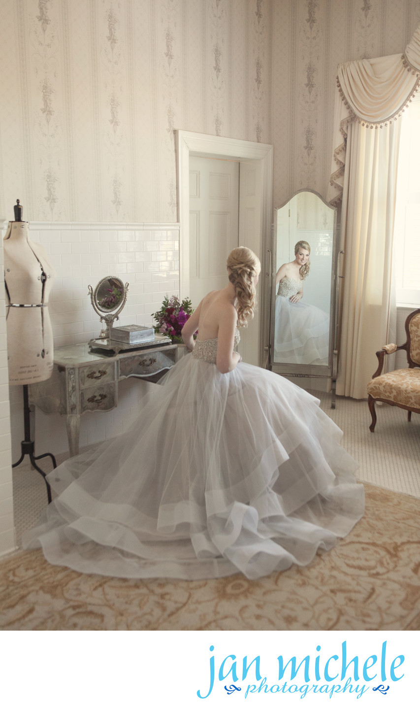 Bridal Portrait in vintage dressing room with silver mirror