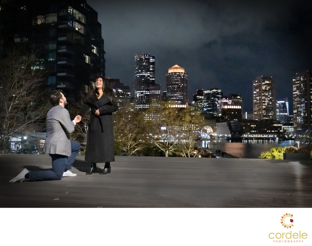 Nighttime Proposal Engagement Photos Boston Massachusetts