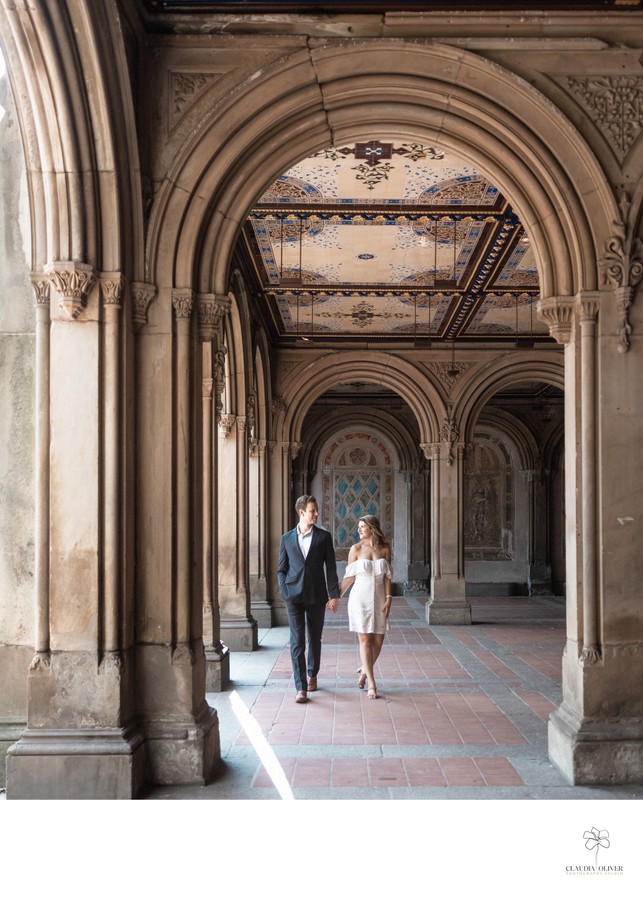 Central Park Engagement Photos: Milton Tiles at Bethesda Arcade