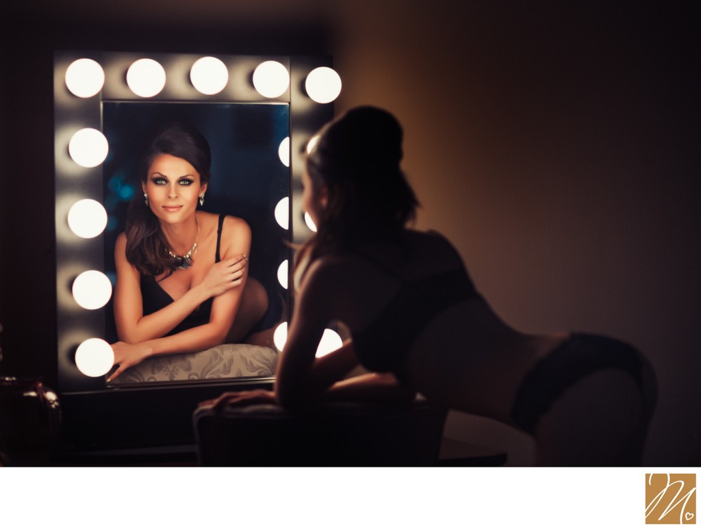 Boudoir Photographer Vanity Mirror Portrait With Soft Glam Lighting
