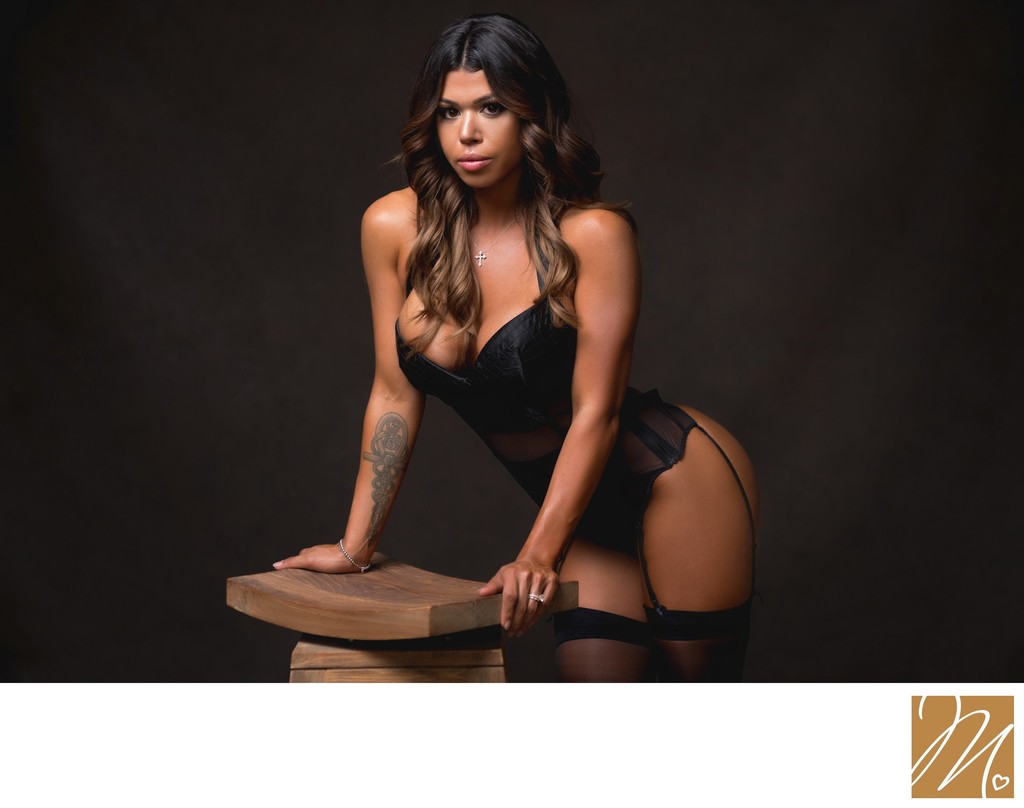 Boudoir Photographer Studio Portrait With Lingerie and Stool Pose