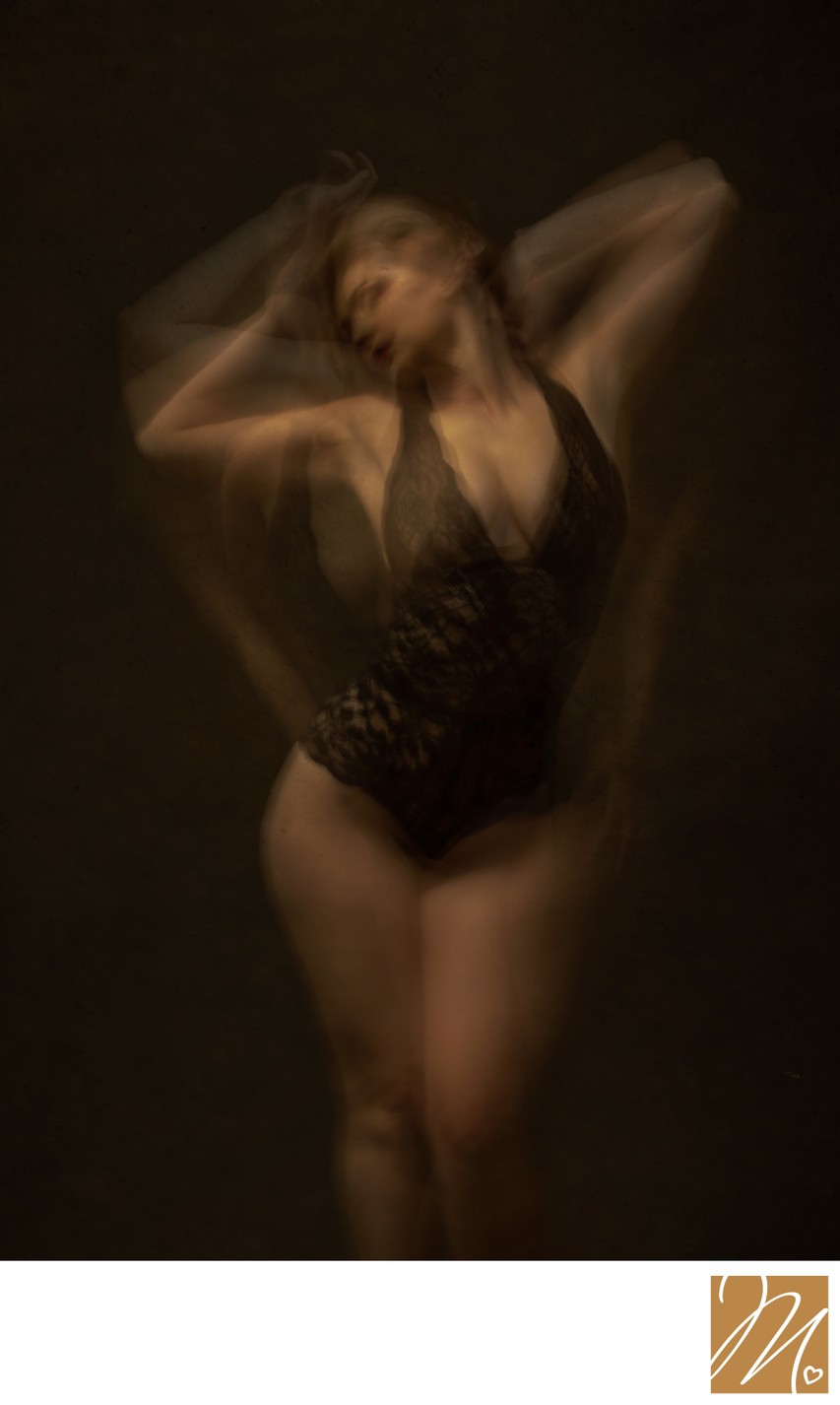 Boudoir Photographer Artistic Motion Blur Portrait in Lace Bodysuit