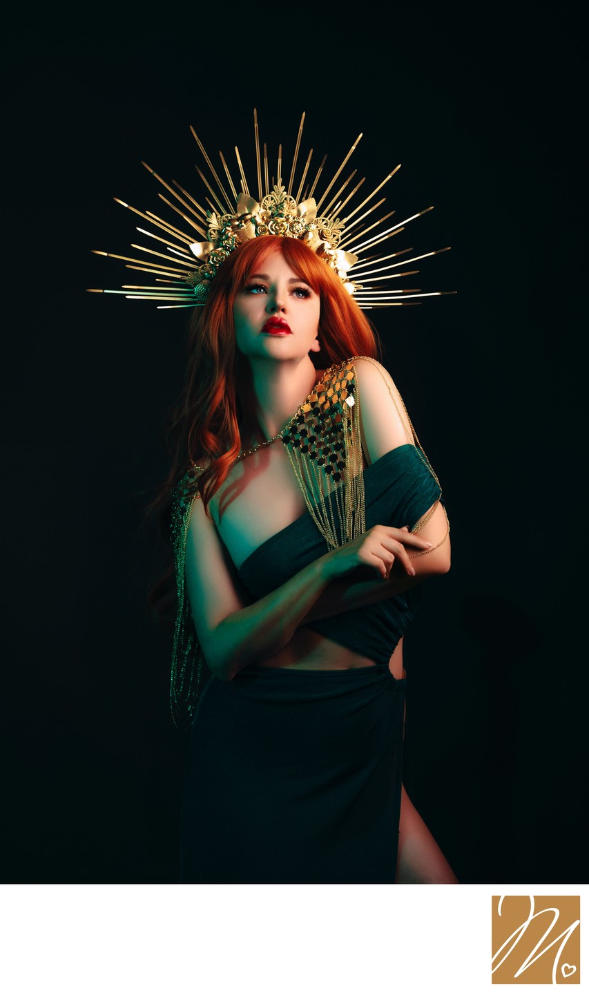 Boudoir Photographer Editorial Portrait With Crown and Dramatic Lighting