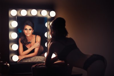 Boudoir Photographer Vanity Mirror Portrait With Soft Glam Lighting