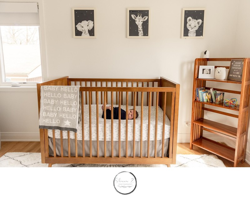 Baby in Wood Crib : In Home Newborn Photos