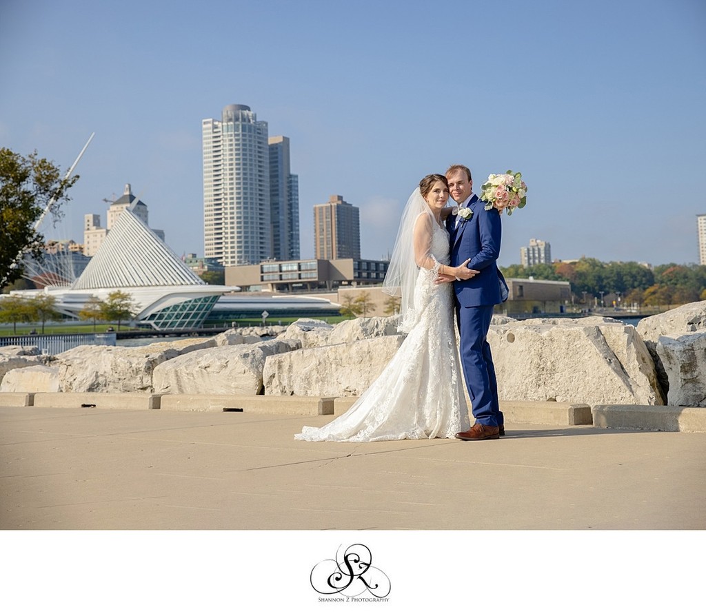 Milwaukee Skyline: Bride and Groom Wedding Photo