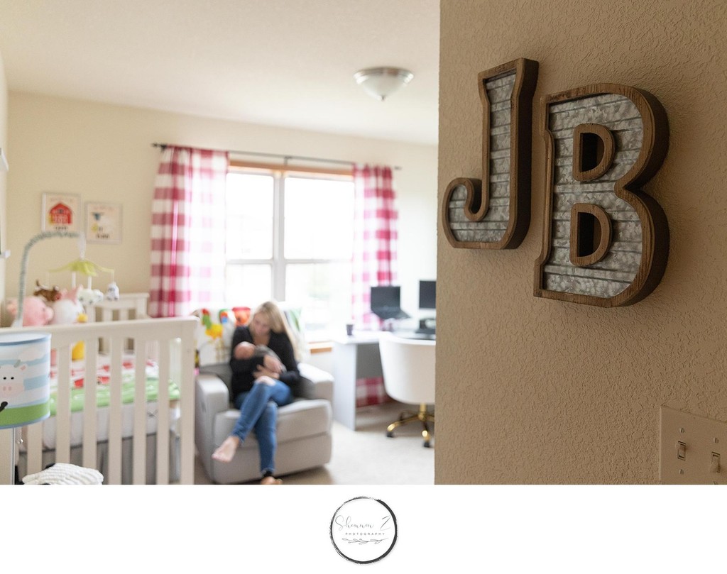 Mom and Baby in Nursery : In Home Newborn Photos