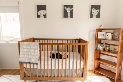 Baby in Wood Crib : In Home Newborn Photos