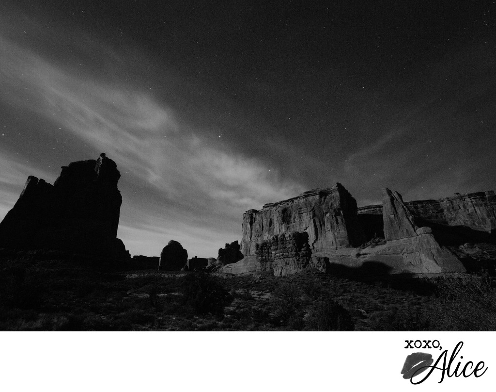 ARches National Park black and white at night supermoon