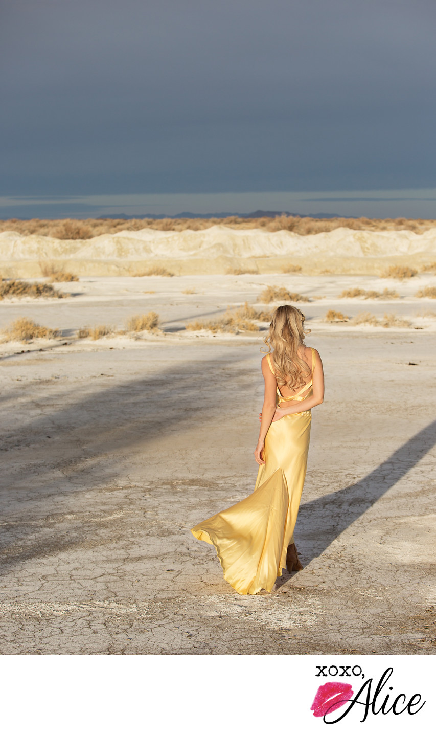 yellow silk dress in the desert boudoir fashion photos