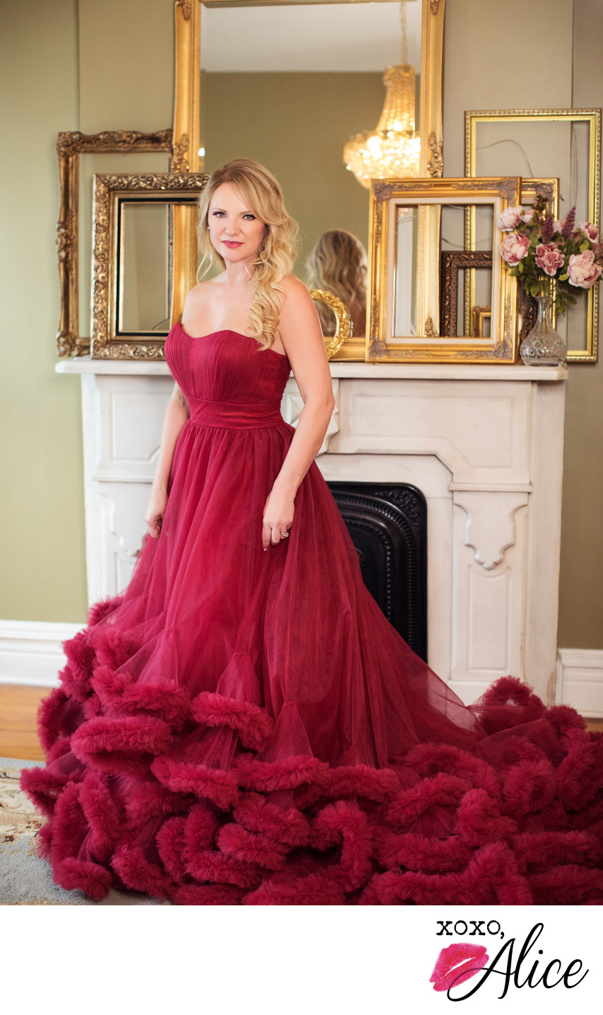 glamorous red dress tulle fireplace gold frame studio
