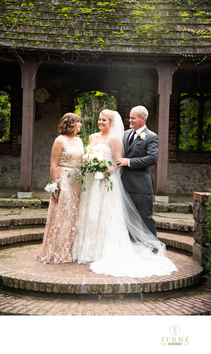 Bride and Parents Portrait at Higgins House at WPI