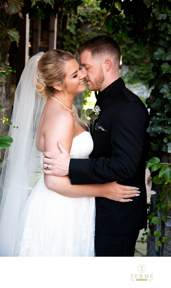 Wedding Couple's  portrait at the Higgins House at WPI