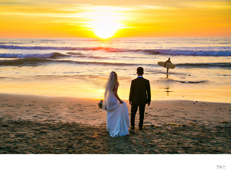 Sunset Bride and Groom at Del Mar Beach