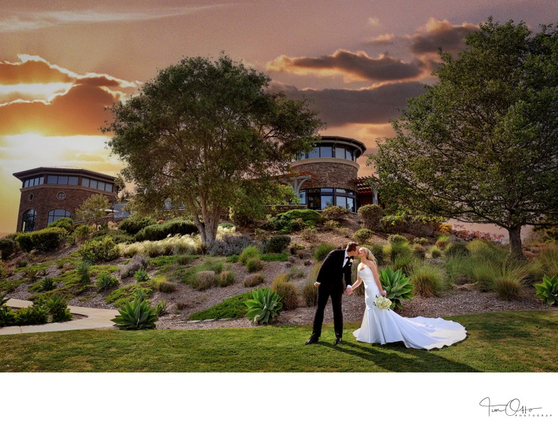 The crossings bride and groom at sunset