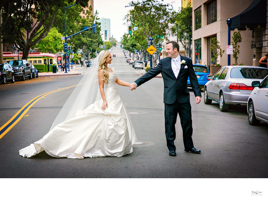 Bride and Groom in streets of Downtown San Diego
