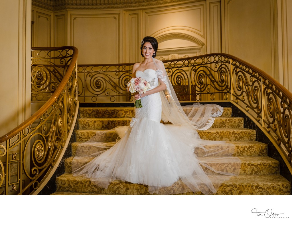 bride on stairs at Westgate hotel,
