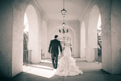 Bride and Groom at Balboa Park walking to reception