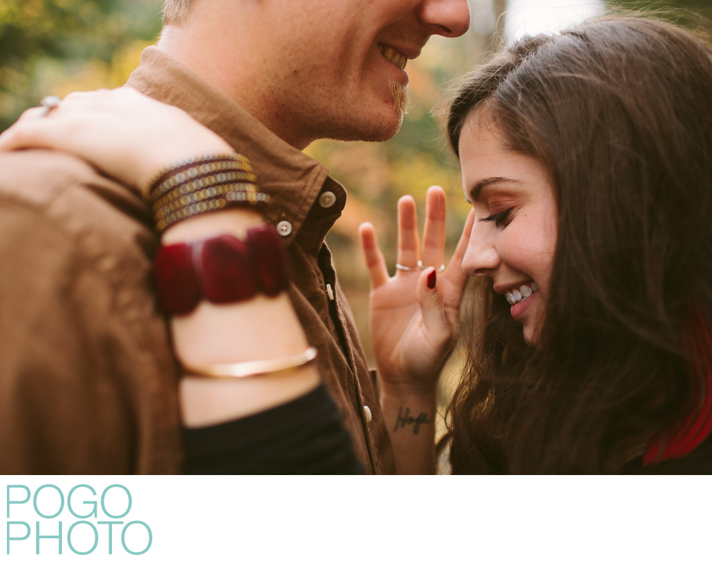 Intimate Engagement Portrait with Smiling Couple in VT