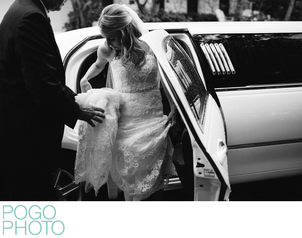 Timeless Image of Bride Exiting Limo Before Ceremony
