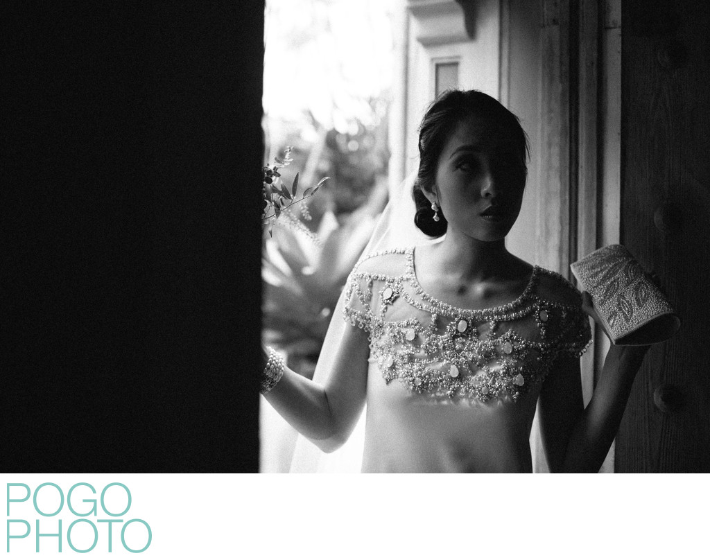 Black and White Image of Bride Leaving For Ceremony