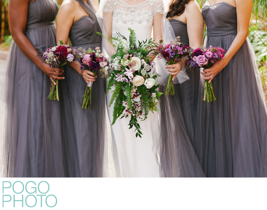 Purple, Gray, Lavender Bridesmaids' Dresses & Bouquets