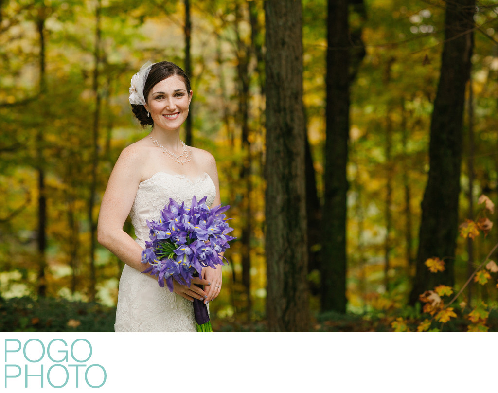 Vermont Fall Wedding Bridal Portrait with Purple Irises