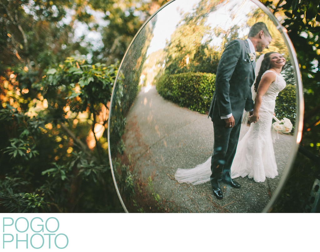 Reflection of Bride and Groom at Golf Course Wedding