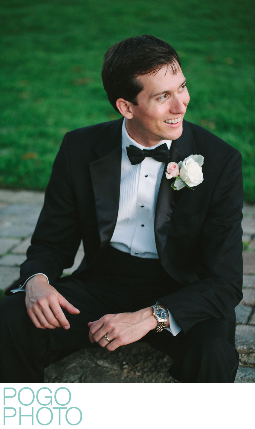 Vermont Groom in Relaxed Portrait Wearing Tuxedo