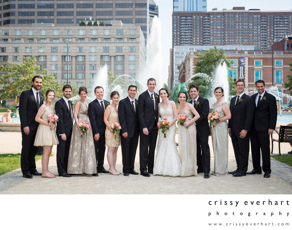 Wedding Party Photos in Philly's Logan Square Fountain