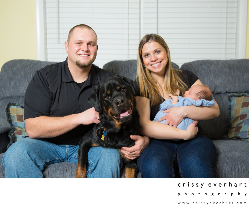 In Home Family Portraits with Dog and Newborn Baby