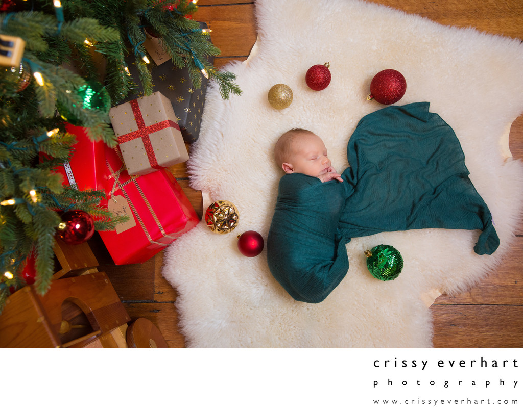 Holiday Newborn Photos - Baby Under Christmas Tree